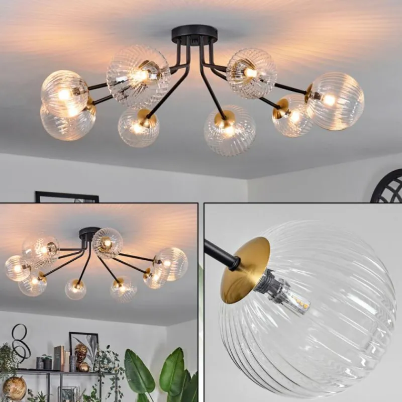 hofstein Plafonnier - Verre 12 cm, 15 cm Chehalis Or, Noir, 8 lumières