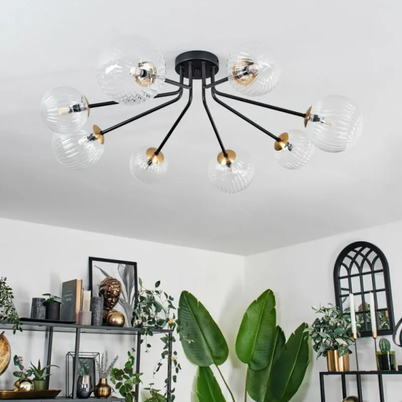 hofstein Plafonnier - Verre 12 cm, 15 cm Chehalis Or, Noir, 8 lumières