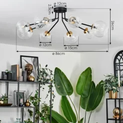 hofstein Plafonnier - Verre 12 cm, 15 cm Chehalis Or, Noir, 8 lumières