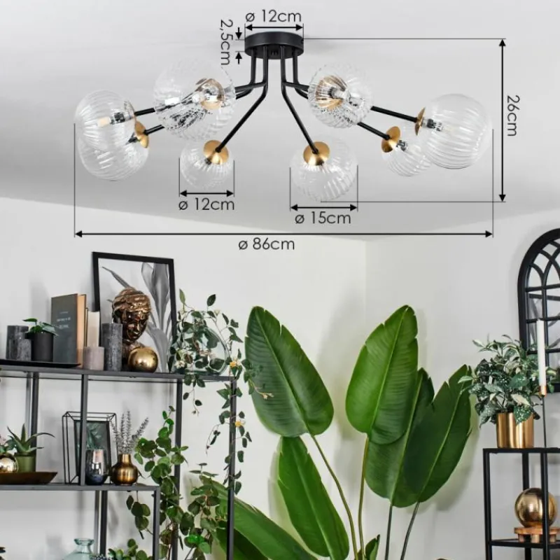 hofstein Plafonnier - Verre 12 cm, 15 cm Chehalis Or, Noir, 8 lumières