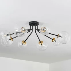 hofstein Plafonnier - Verre 12 cm, 15 cm Chehalis Or, Noir, 8 lumières