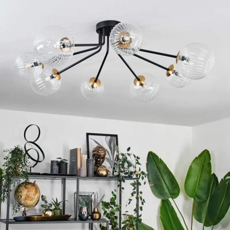hofstein Plafonnier - Verre 12 cm, 15 cm Chehalis Or, Noir, 8 lumières