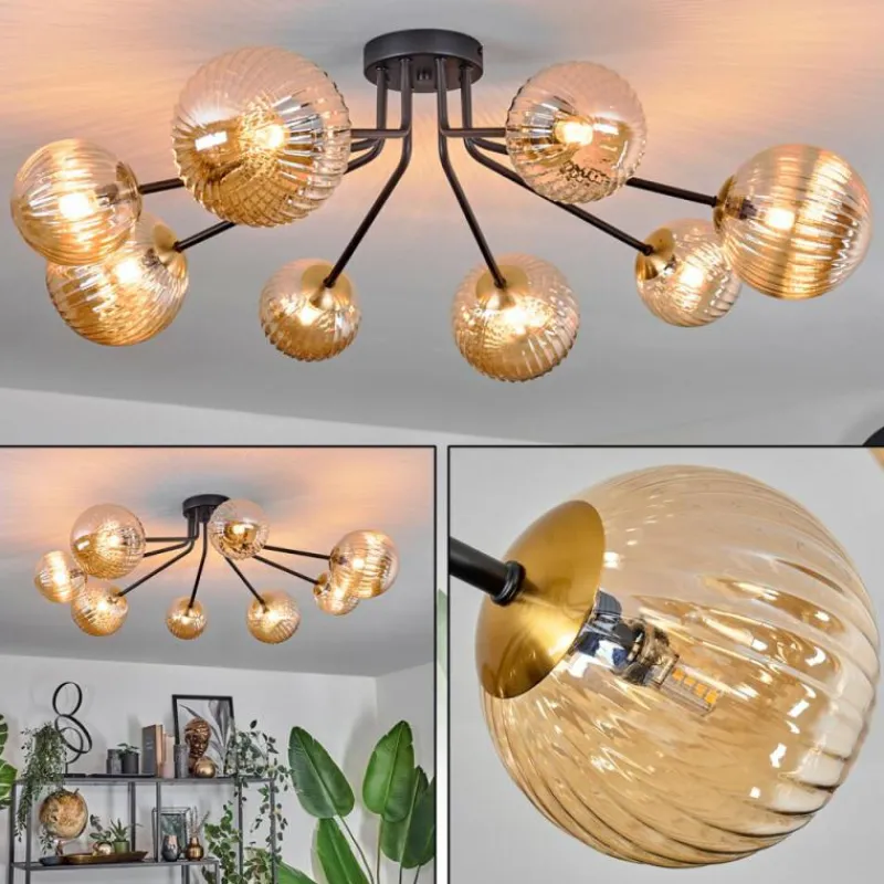 hofstein Plafonnier - Verre 12 cm, 15 cm Chehalis Or, Noir, 8 lumières