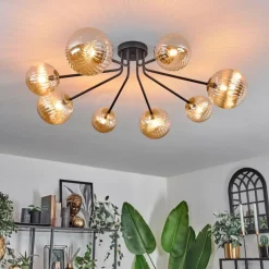 hofstein Plafonnier - Verre 12 cm, 15 cm Chehalis Or, Noir, 8 lumières