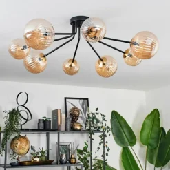 hofstein Plafonnier - Verre 12 cm, 15 cm Chehalis Or, Noir, 8 lumières