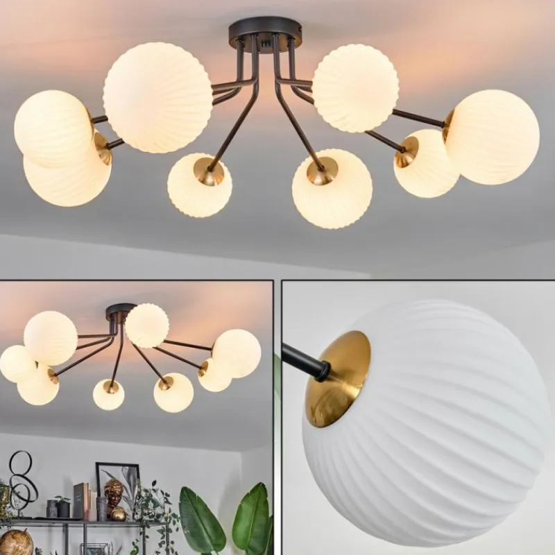 hofstein Plafonnier - Verre 12 cm, 15 cm Chehalis Or, Noir, 8 lumières