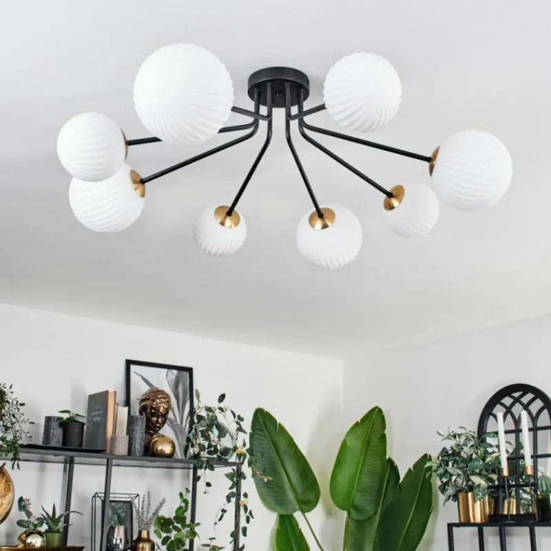 hofstein Plafonnier - Verre 12 cm, 15 cm Chehalis Or, Noir, 8 lumières