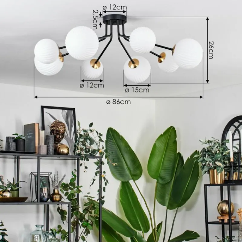 hofstein Plafonnier - Verre 12 cm, 15 cm Chehalis Or, Noir, 8 lumières