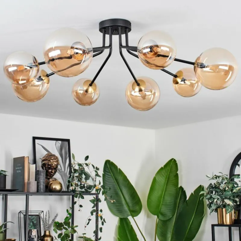 hofstein Plafonnier - Verre 12 cm, 15 cm Chehalis Or, Noir, 8 lumières