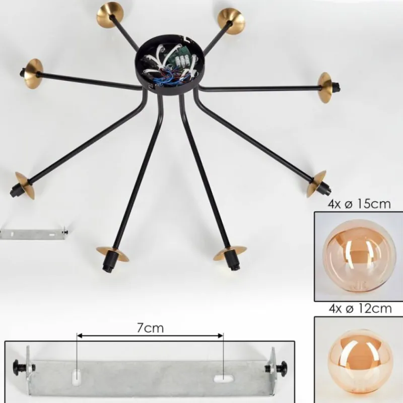 hofstein Plafonnier - Verre 12 cm, 15 cm Chehalis Or, Noir, 8 lumières