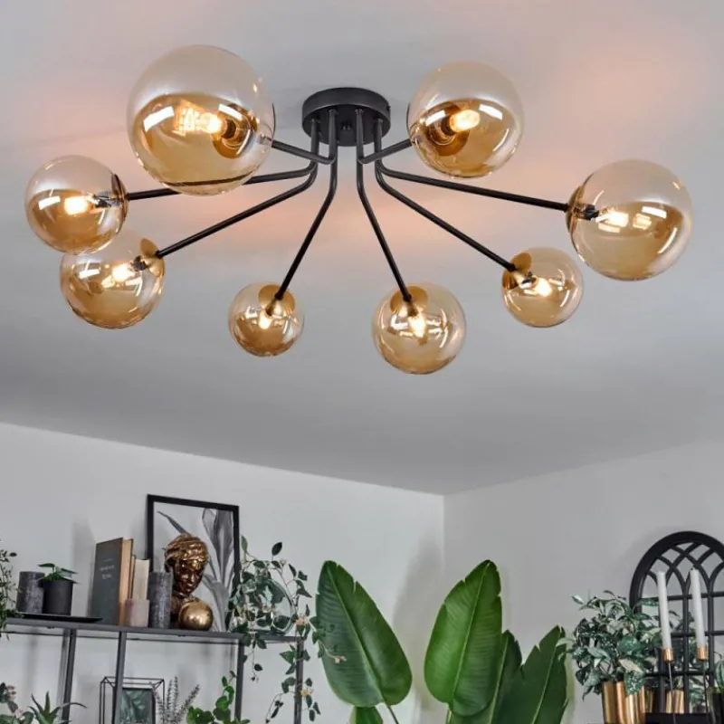 hofstein Plafonnier - Verre 12 cm, 15 cm Chehalis Or, Noir, 8 lumières