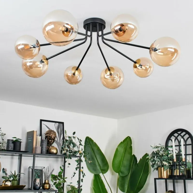 hofstein Plafonnier - Verre 12 cm, 15 cm Chehalis Or, Noir, 8 lumières