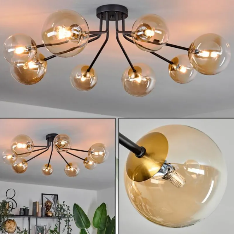 hofstein Plafonnier - Verre 12 cm, 15 cm Chehalis Or, Noir, 8 lumières