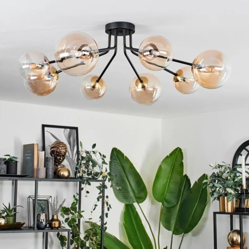 hofstein Plafonnier - Verre 12 cm, 15 cm Chehalis Or, Noir, 8 lumières