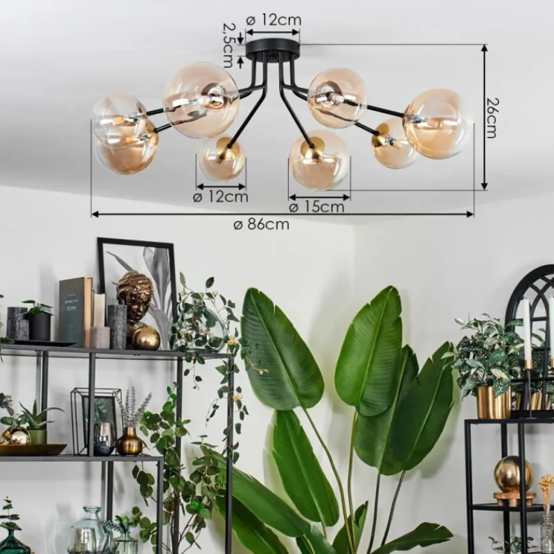 hofstein Plafonnier - Verre 12 cm, 15 cm Chehalis Or, Noir, 8 lumières