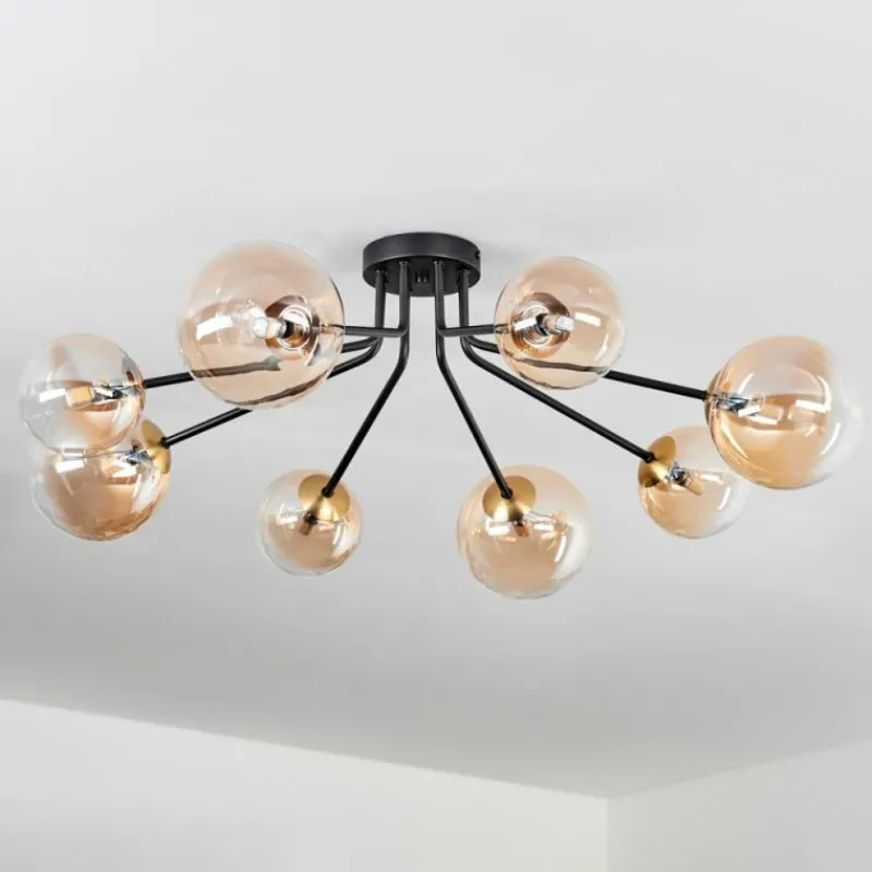 hofstein Plafonnier - Verre 12 cm, 15 cm Chehalis Or, Noir, 8 lumières