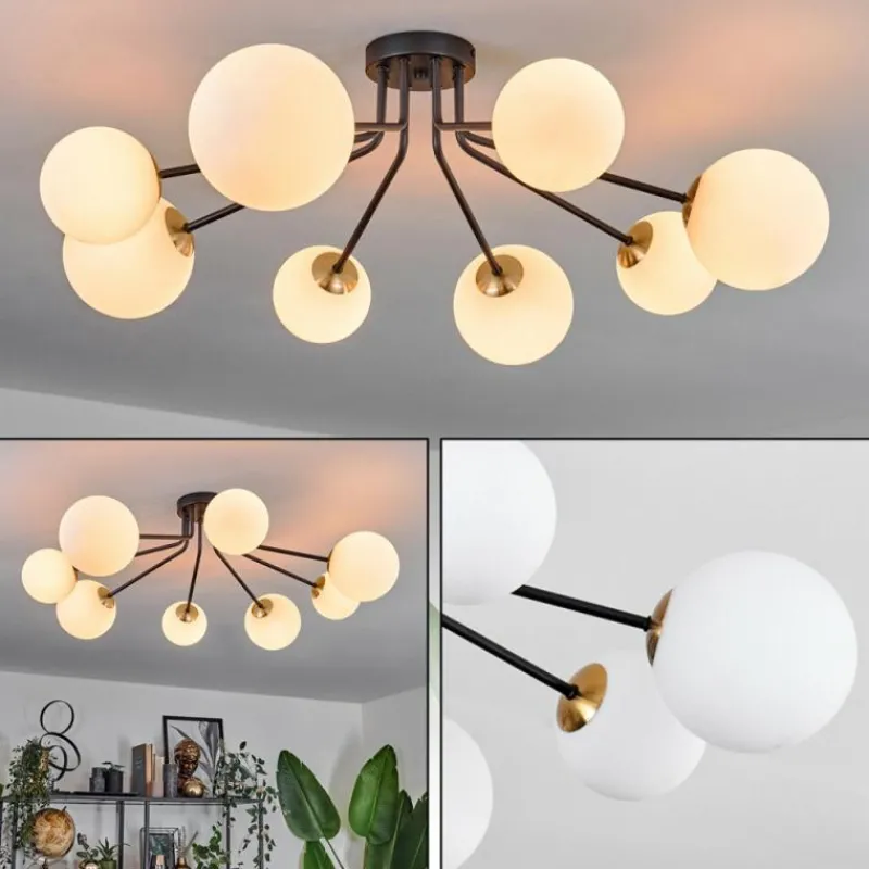 hofstein Plafonnier - Verre 12 cm, 15 cm Chehalis Or, Noir, 8 lumières