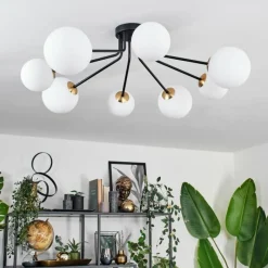 hofstein Plafonnier - Verre 12 cm, 15 cm Chehalis Or, Noir, 8 lumières