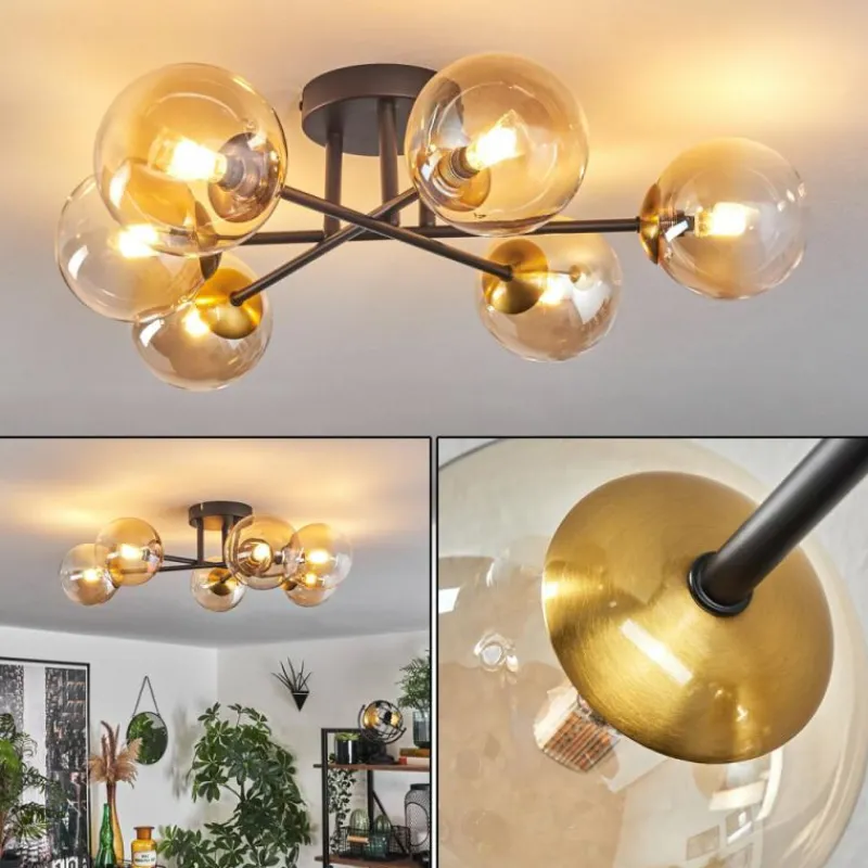 hofstein Plafonnier - Verre 12 cm Chehalis Or, Noir, 6 lumières