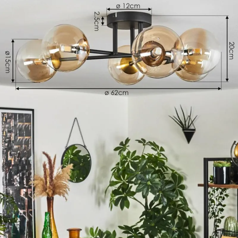 hofstein Plafonnier - Verre 12 cm Chehalis Or, Noir, 6 lumières