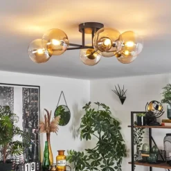 hofstein Plafonnier - Verre 12 cm Chehalis Or, Noir, 6 lumières