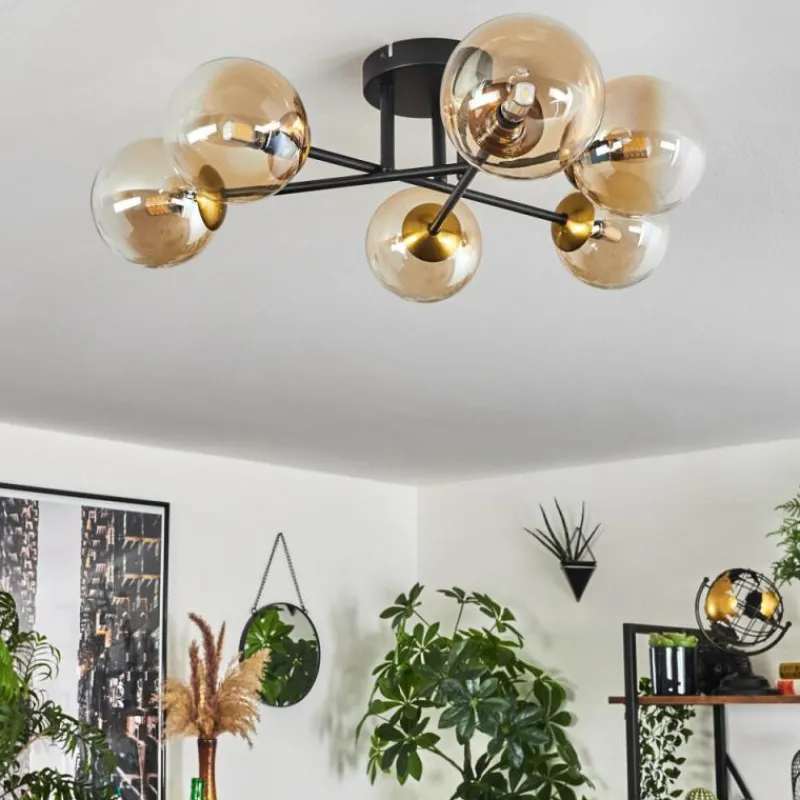 hofstein Plafonnier - Verre 12 cm Chehalis Or, Noir, 6 lumières