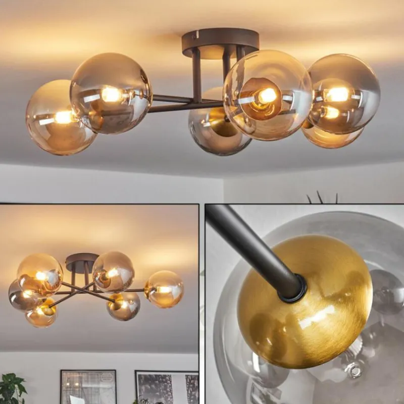 Lampes Dorées-hofstein Plafonnier - Verre 12 cm Chehalis Or, Noir, 6 lumières