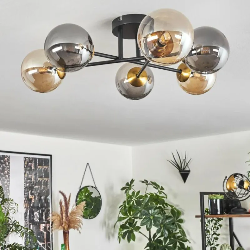 Lampes Dorées-hofstein Plafonnier - Verre 12 cm Chehalis Or, Noir, 6 lumières