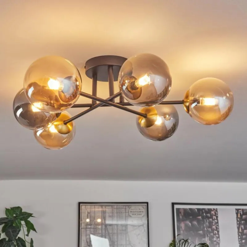 Lampes Dorées-hofstein Plafonnier - Verre 12 cm Chehalis Or, Noir, 6 lumières