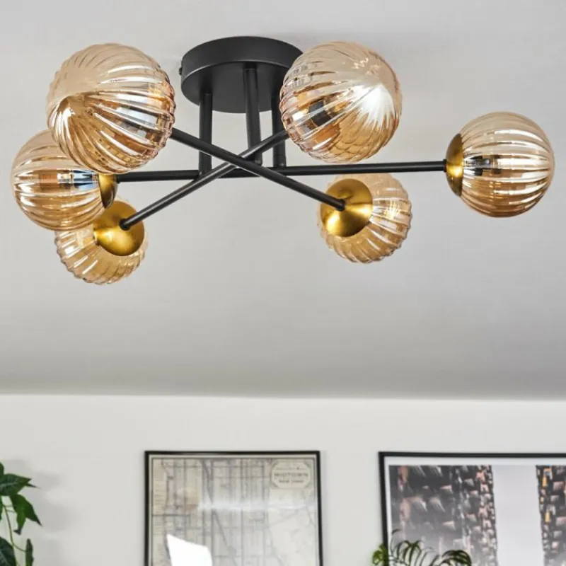 Lampes Dorées-hofstein Plafonnier - Verre 15 cm Chehalis Or, Noir, 6 lumières