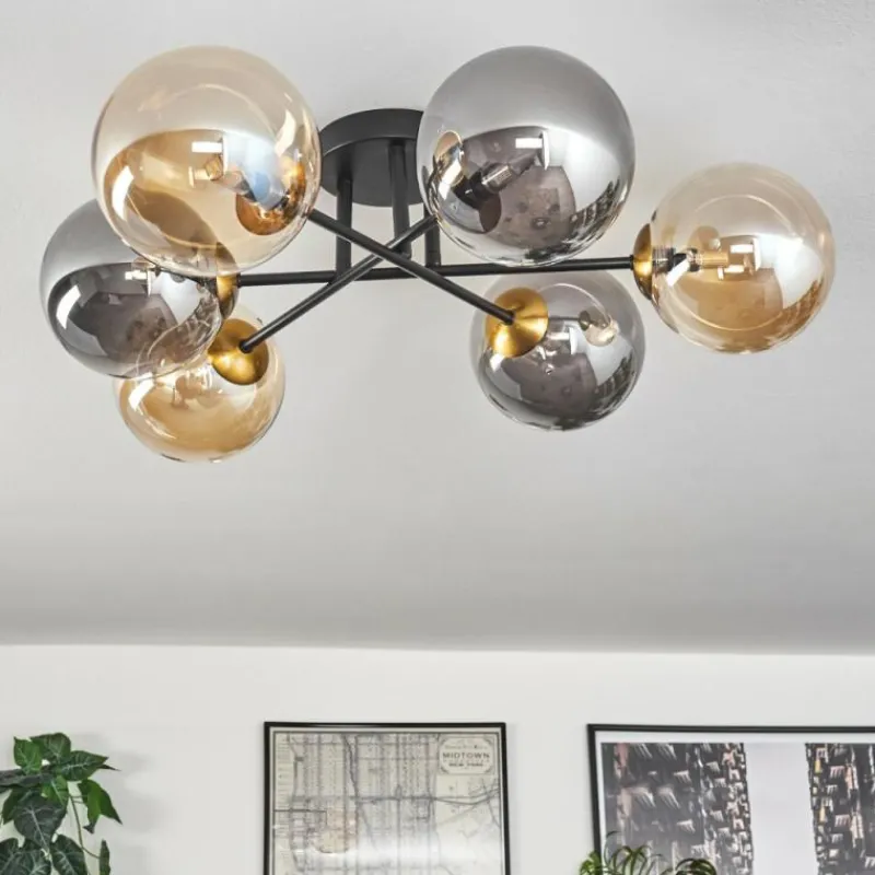 Lampes Dorées-hofstein Plafonnier - Verre 15 cm Chehalis Or, Noir, 6 lumières