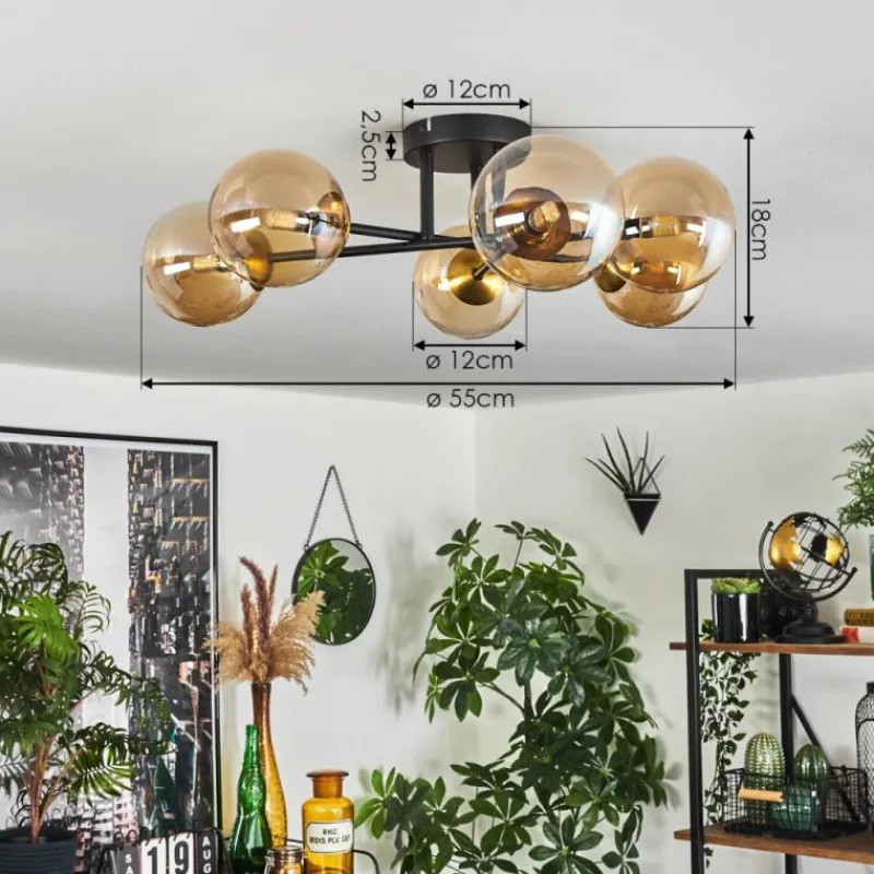 hofstein Plafonnier - Verre 12 cm Chehalis Or, Noir, 6 lumières