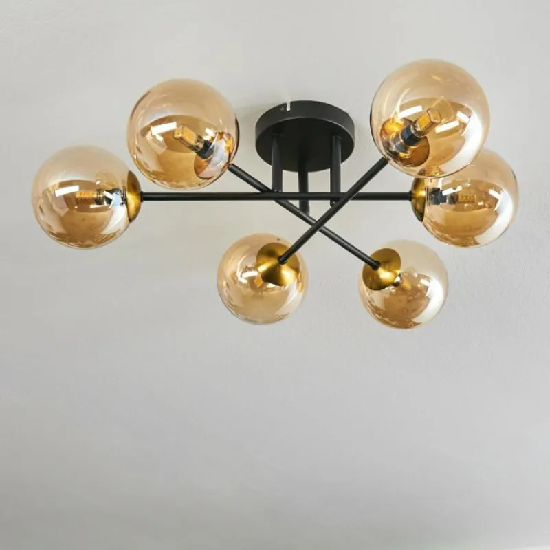 hofstein Plafonnier - Verre 12 cm Chehalis Or, Noir, 6 lumières