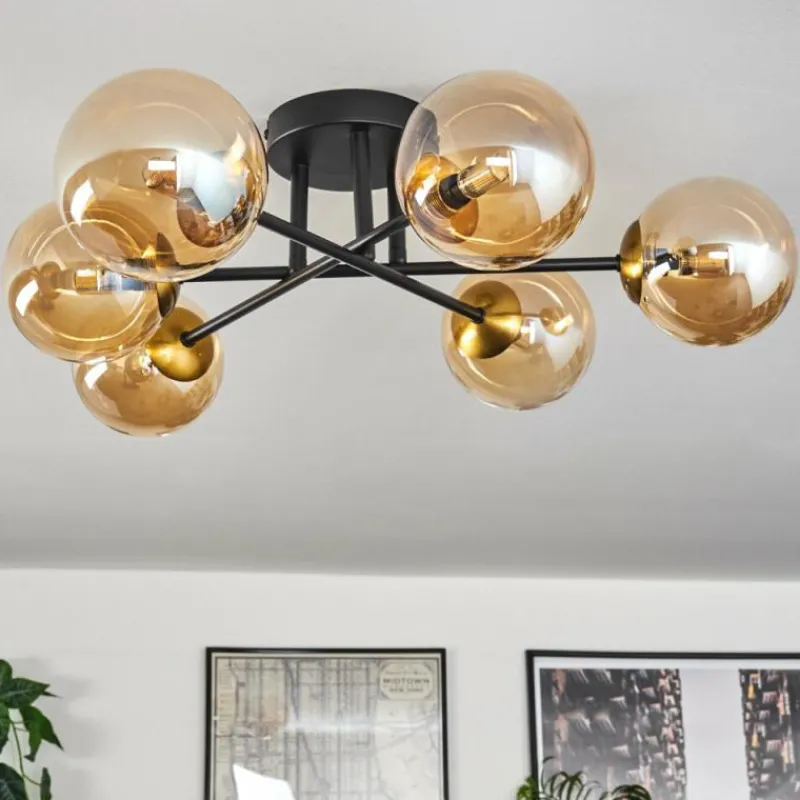 hofstein Plafonnier - Verre 12 cm Chehalis Or, Noir, 6 lumières