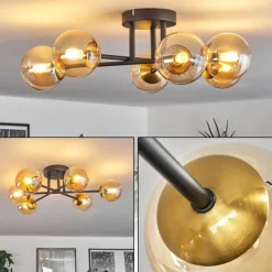 hofstein Plafonnier - Verre 10 cm Chehalis Or, Noir, 6 lumières