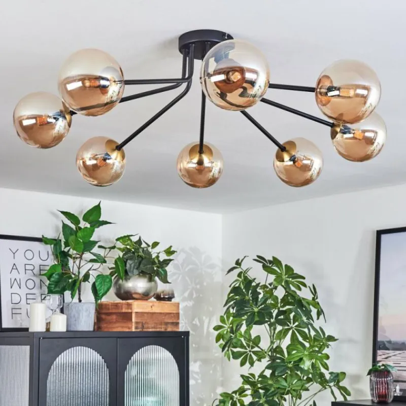 hofstein Plafonnier - Verre 12 cm Chehalis Or, Noir, 8 lumières