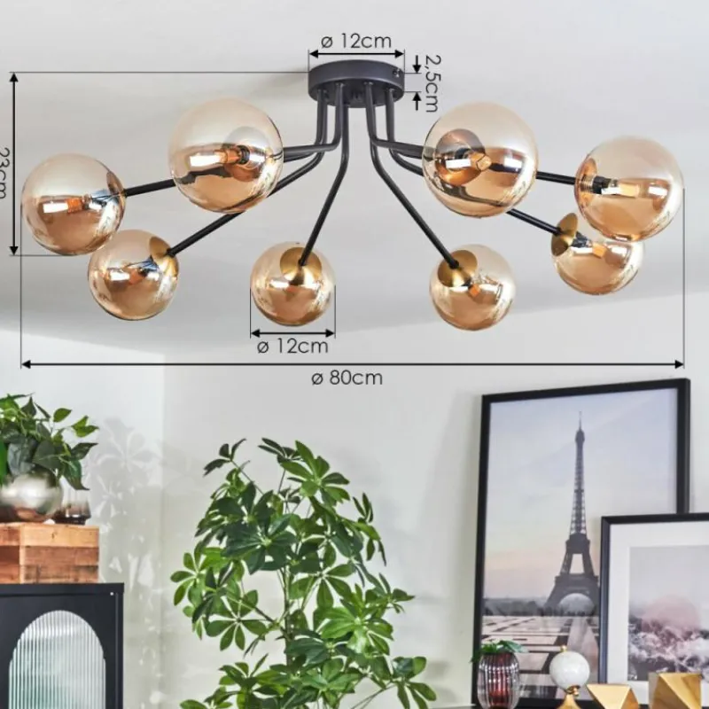 hofstein Plafonnier - Verre 12 cm Chehalis Or, Noir, 8 lumières