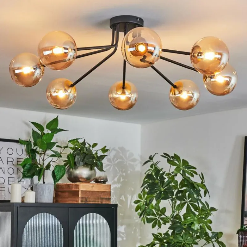 hofstein Plafonnier - Verre 12 cm Chehalis Or, Noir, 8 lumières