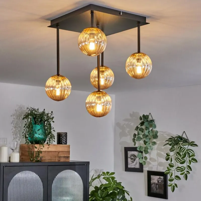 Lampes Dorées-hofstein Plafonnier - Verre 10 cm Chehalis Or, Noir, 5 lumières