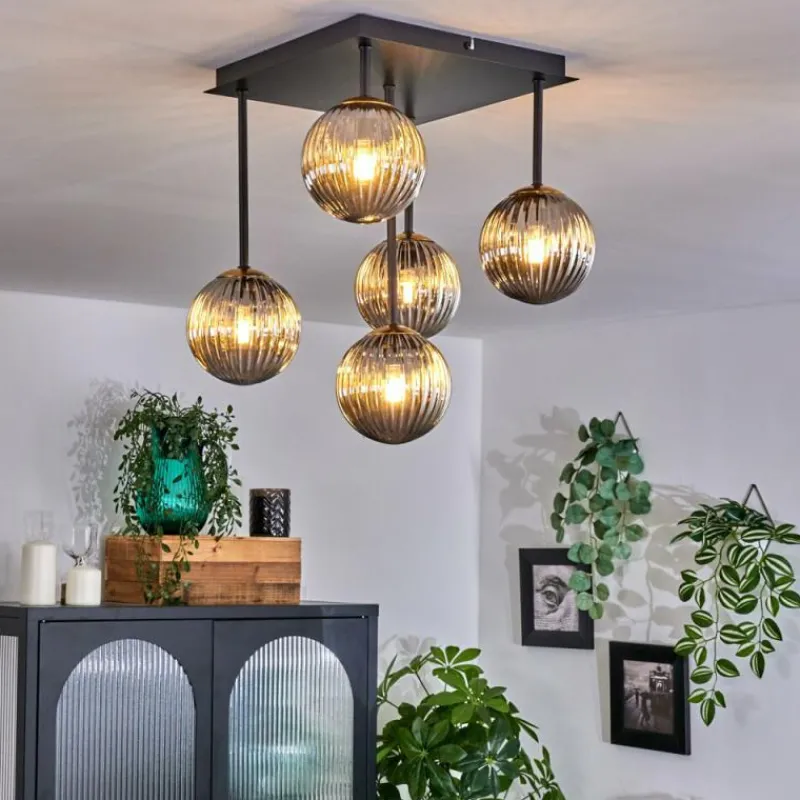 Lampes Dorées-hofstein Plafonnier - Verre 12 cm Chehalis Or, Noir, 5 lumières