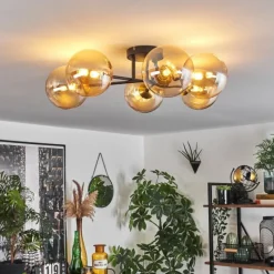 hofstein Plafonnier - Verre 15 cm Chehalis Or, Noir, 6 lumières