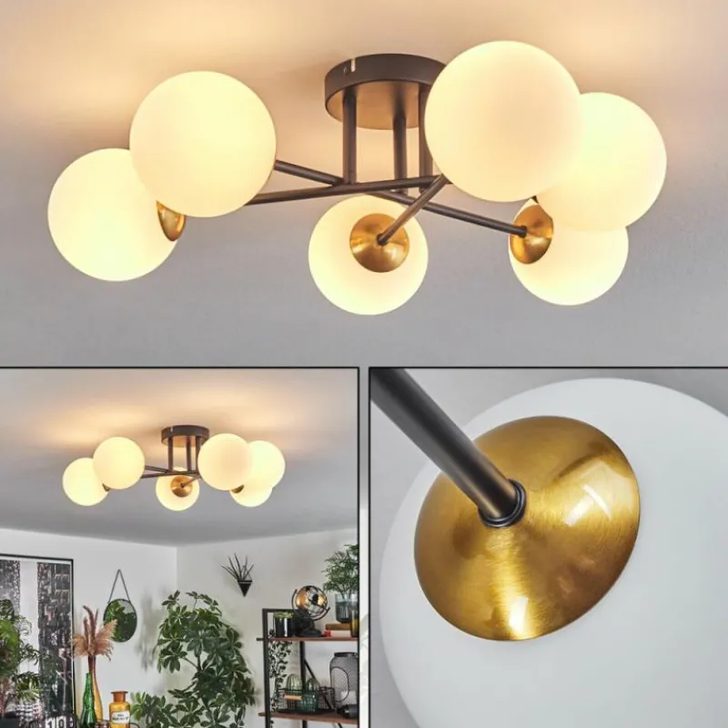 hofstein Plafonnier - Verre 12 cm Chehalis Or, Noir, 6 lumières