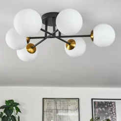 hofstein Plafonnier - Verre 12 cm Chehalis Or, Noir, 6 lumières