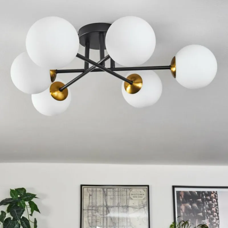 hofstein Plafonnier - Verre 12 cm Chehalis Or, Noir, 6 lumières