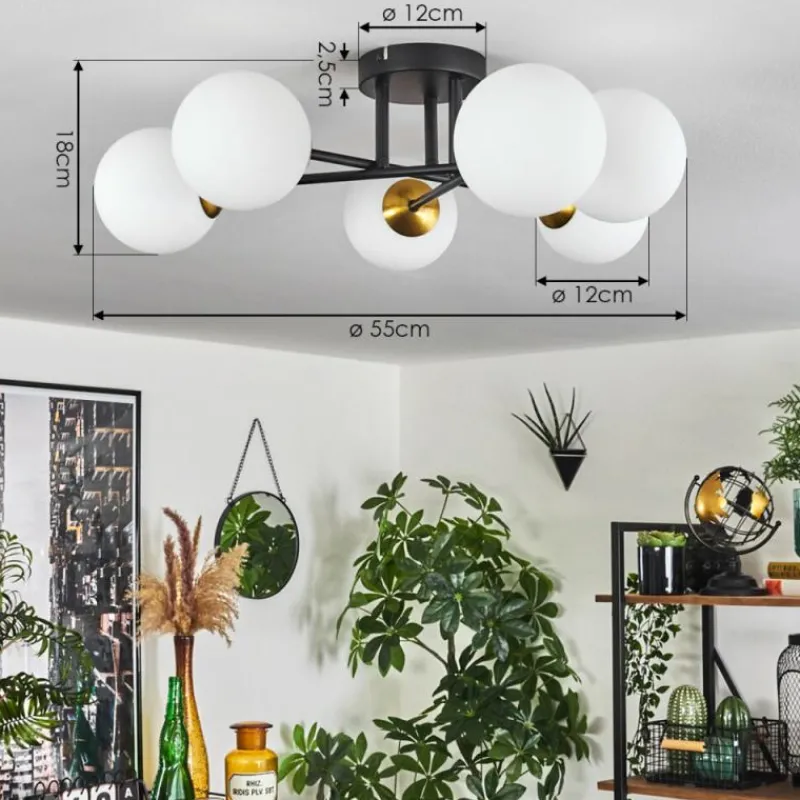 hofstein Plafonnier - Verre 12 cm Chehalis Or, Noir, 6 lumières