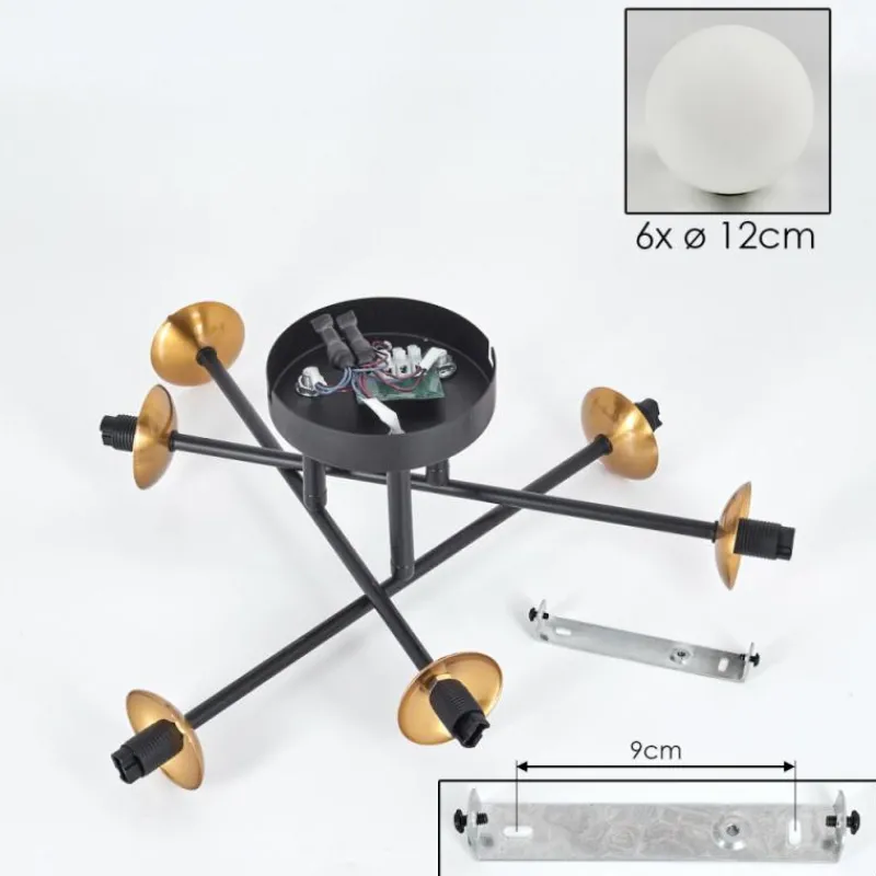 hofstein Plafonnier - Verre 12 cm Chehalis Or, Noir, 6 lumières