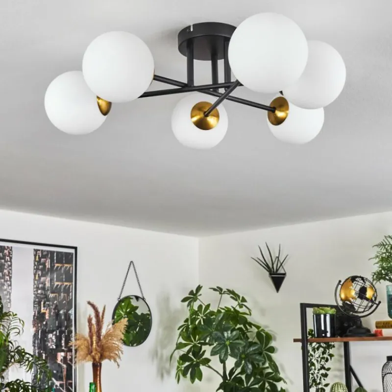 hofstein Plafonnier - Verre 12 cm Chehalis Or, Noir, 6 lumières