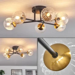 Lampes Dorées-hofstein Plafonnier - Verre 10 cm Chehalis Or, Noir, 6 lumières