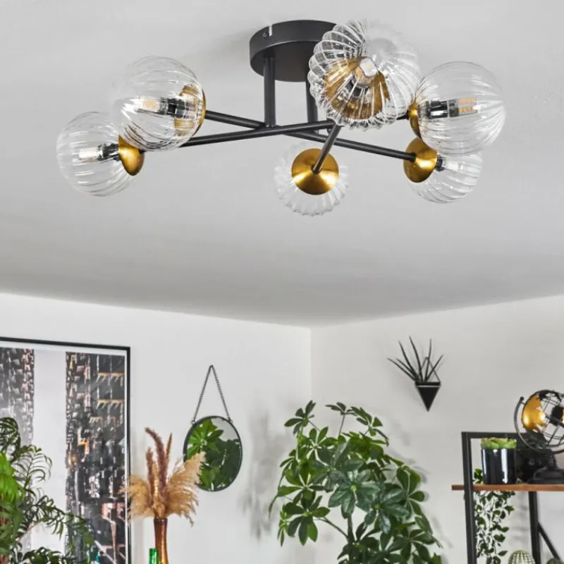 Lampes Dorées-hofstein Plafonnier - Verre 10 cm Chehalis Or, Noir, 6 lumières