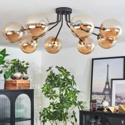 hofstein Plafonnier - Verre 15 cm Chehalis Or, Noir, 8 lumières